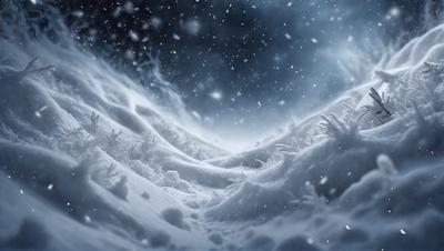 The primary subject of the image is a snowy landscape with a large amount of snow covering the ground. The setting is a dark, snowy night with a sky full of snow, creating a serene and peaceful atmosphere. The visual style of the image is a digital art or illustration, with the snowy landscape and the night sky being the main focus. The colors and mood of the image are predominantly dark and cold, with the snowy landscape and the night sky creating a sense of tranquility and stillness.